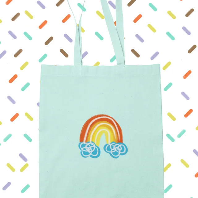 Happy rainbow Organic cotton tote bag caribbean blue color