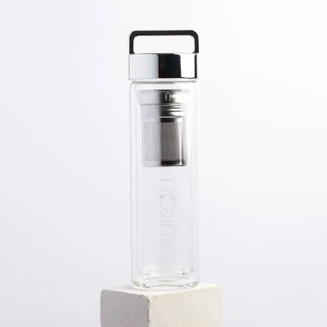 Dzukou Bishop Falls - Tea Glass with Filter - Water Bottle with Fruit Filter - Thermos Bottle with Silver Cap - 425 ml Double Wall Glass Water Bottle - Tea Bottle - Durable and Environmentally Friendly Tea Cup for on the Go - Airtight and Leakproof