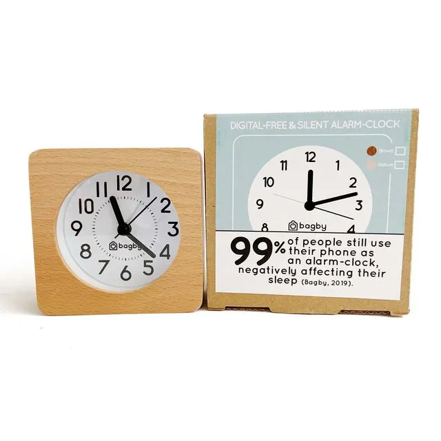 Analog Wooden Silent Alarm Clock, Scandinavian Style, Solid Wood