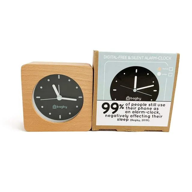 Analog Minimalist Silent Alarm Clock, Natural style, Solid Wood