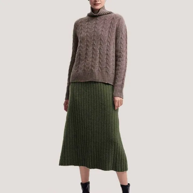 Rib-Knit 100% Wool Long Skirt Olive