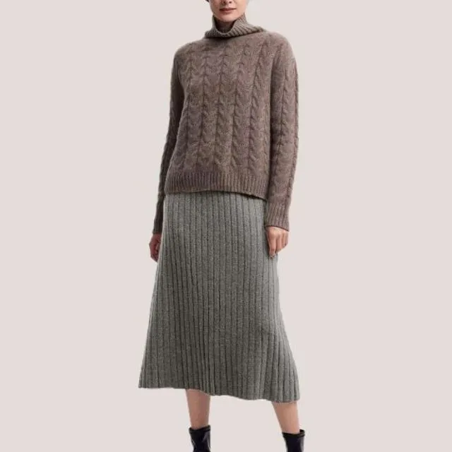 Rib-Knit 100% Wool Long Skirt Smoke