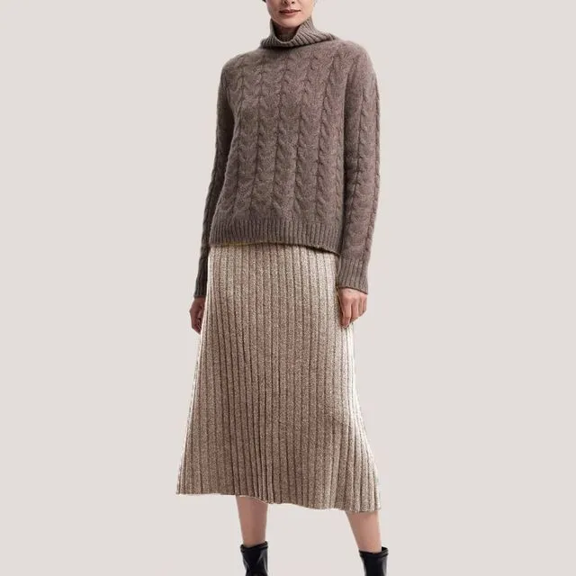 Rib-Knit 100% Wool Long Skirt Taupe