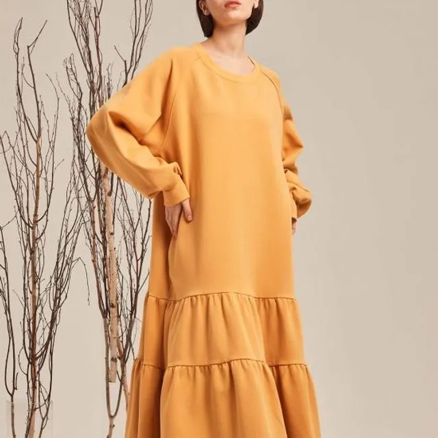 Puffed-Sleeve Cotton Tiered Dress Yellow