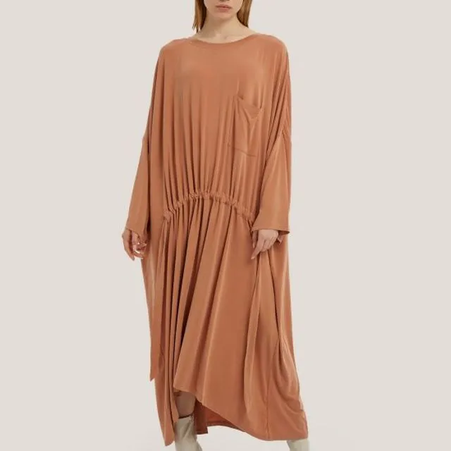 Oversized Batwing Dress With Drawstring Coral Pink