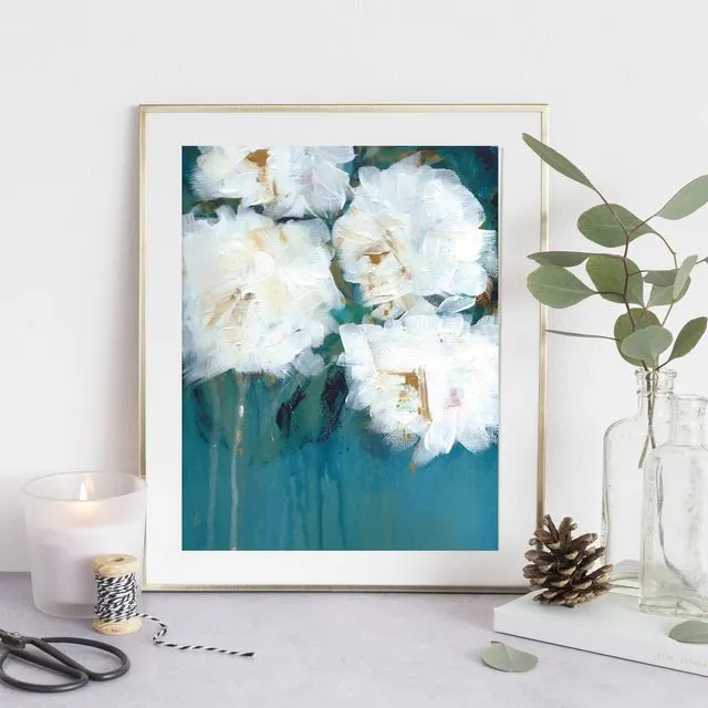 Abstract Floral Art Print - Unframed, White Peonies on Blue Background