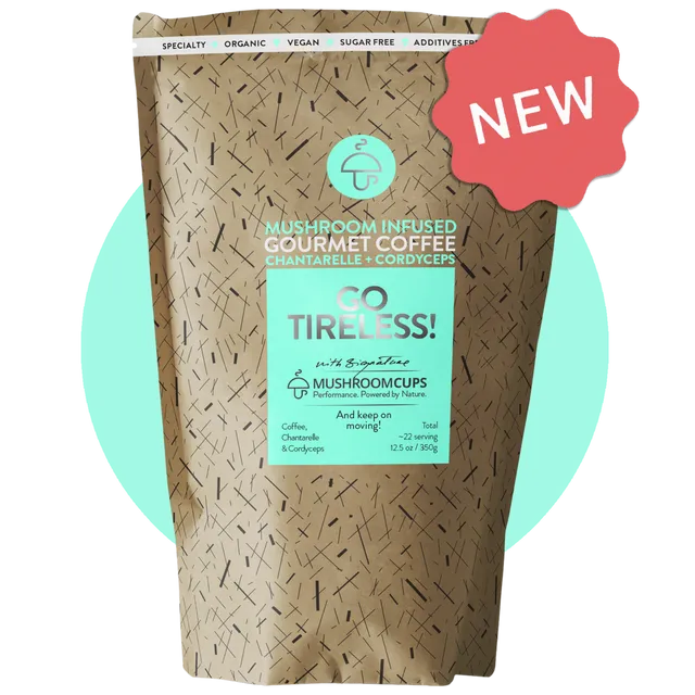 Go Tireless – Gourmet Ground Coffee with Cordyceps and Chanterelle (Case of 10 Pouch)