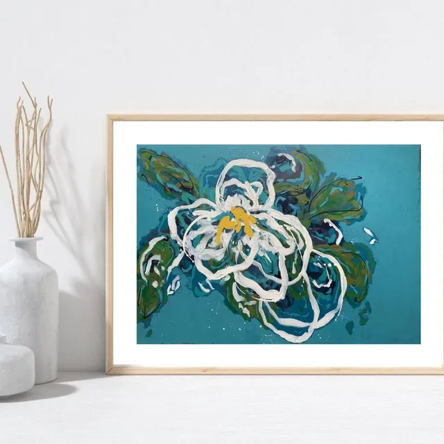 Abstract White Flower on Blue Background Fine Art Print - Unframed