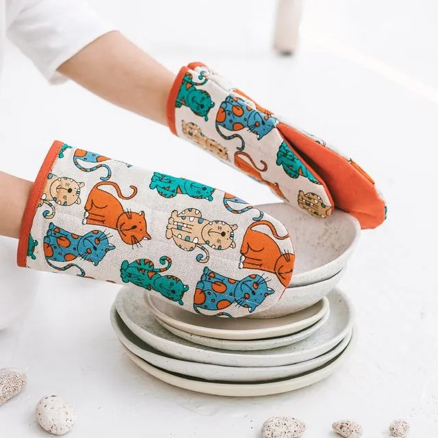 Linen Oven Glove with Cats • Large Cooking Mitt •Pot Holder