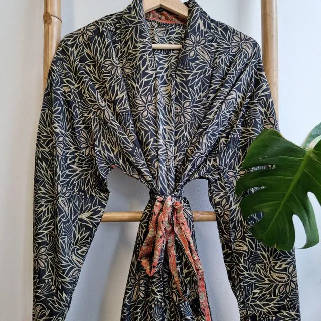 Men's Silk Boho Kimonos Man House Beach Artist Robe | Elegant Midnight Forest Paisley King Black Beige | Regal Monochrome Magic