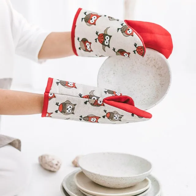 Linen Oven Glove with Owls • Large Cooking Mitt •Pot Holder