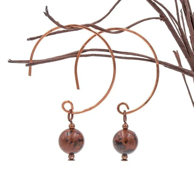 Mahogany Obsidian Hoop Curves ~ Handmade Natural Stone Copper Earrings ~ Made in Colorado, USA ~ Hypoallergenic ~ Perfect Jewelry Gift ~ Brown & Black