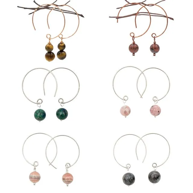 Hoop Curves Collection Starter Package Jewelry Set ~ Handmade Stone Sterling Silver & Copper Earrings ~ Made In USA ~ Perfect Gifts ~ Hypoallergenic ~ Azurite, Opal, Rhodochrosite, Labradorite, Tiger Eye, Mahogany Obsidian ~ Anti Tarnish/Tarnish Resistant