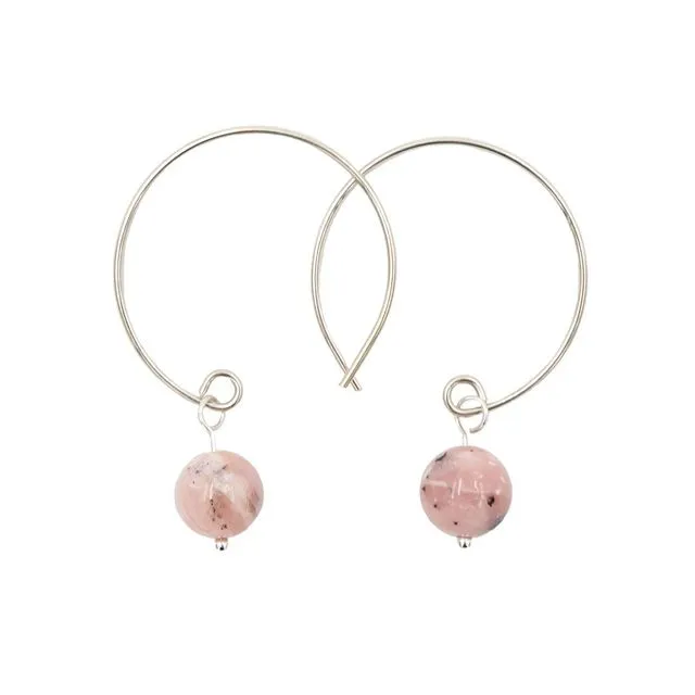 Pink Peruvian Opal Hoop Curves ~ Handmade Natural Stone Sterling Silver Earrings ~ Made in Colorado, USA ~ Hypoallergenic ~ Tarnish Resistant