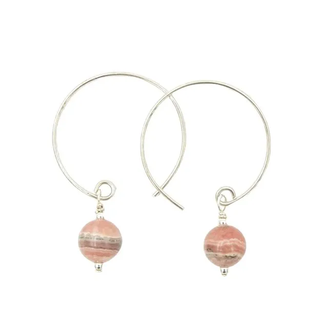 Pink Rhodochrosite Hoop Curves ~ Handmade Natural Stone Sterling Silver Earrings ~ Colorado's State Mineral ~ Made in Colorado, USA ~ Hypoallergenic ~ Tarnish Resistant