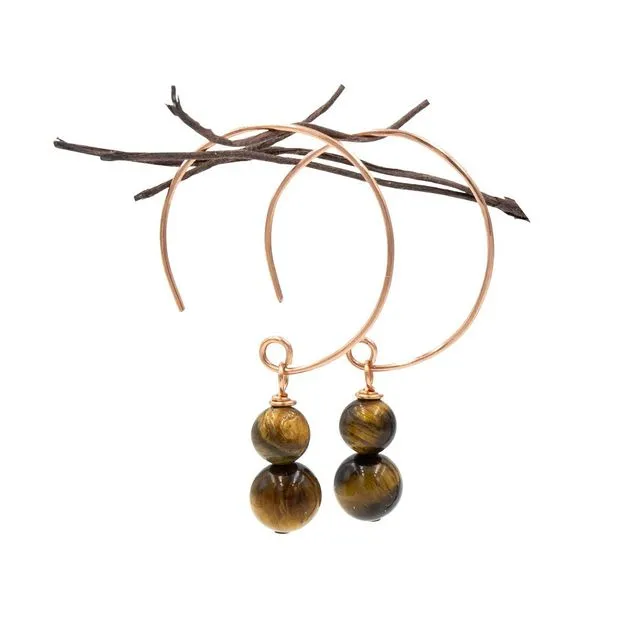 Stacked Tiger Eye Hoop Curves ~ Handmade Natural Stone Tigereye Copper Earrings ~ Made in Colorado, USA ~ Hypoallergenic