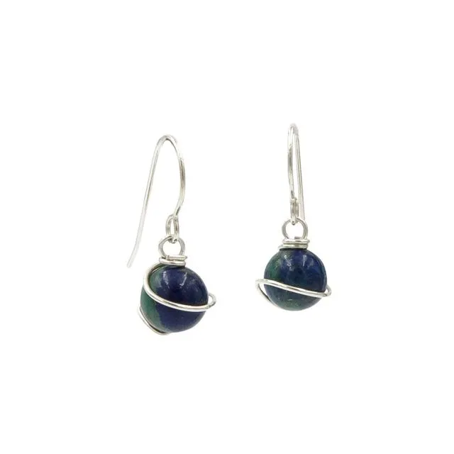 Holding Earth ~ Handmade Sterling Silver Wrapped Azurite Natural Stone Earrings ~ Made in Colorado, USA ~ Hypoallergenic ~ Tarnish Resistant