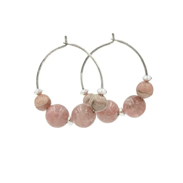 Pink Rhodochrosite Hoops ~ Handmade Natural Stone Silver Earrings ~ Colorado's State Mineral ~ Made in Colorado, USA ~ Hypoallergenic