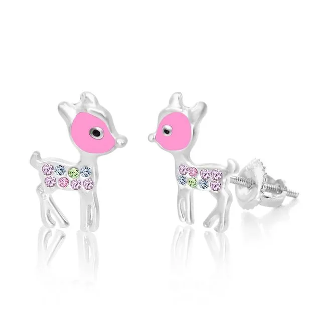 Crystal Pink Enamel Deer Screwback Earrings
