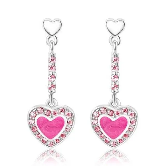 Enamel Pink Heart With Surrounding Crystals Hanging Stud Earring