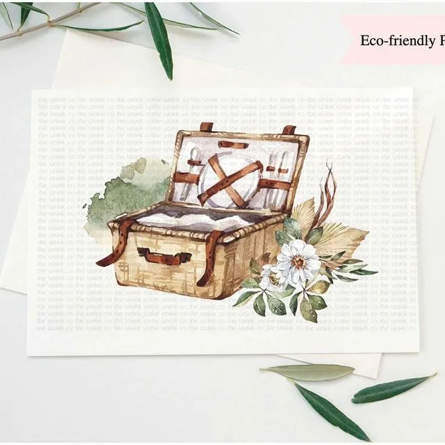 Picnic basket - blank greeting card with watercolor illustration, 5x7in, vintage retro boho art, gift for Mother's Day, housewarming card