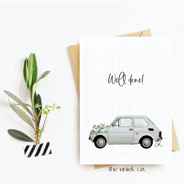 well done - vintage car - 5x7 blank card with vintage car illustration, retro car, gift for new drivers, congratulatory card, graduation