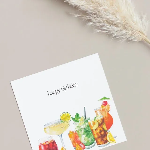 Birthday card with drinks - 21st cocktail greeting card - watercolor alcoholic beverages - tropical art - BFF gift - colourful fun print