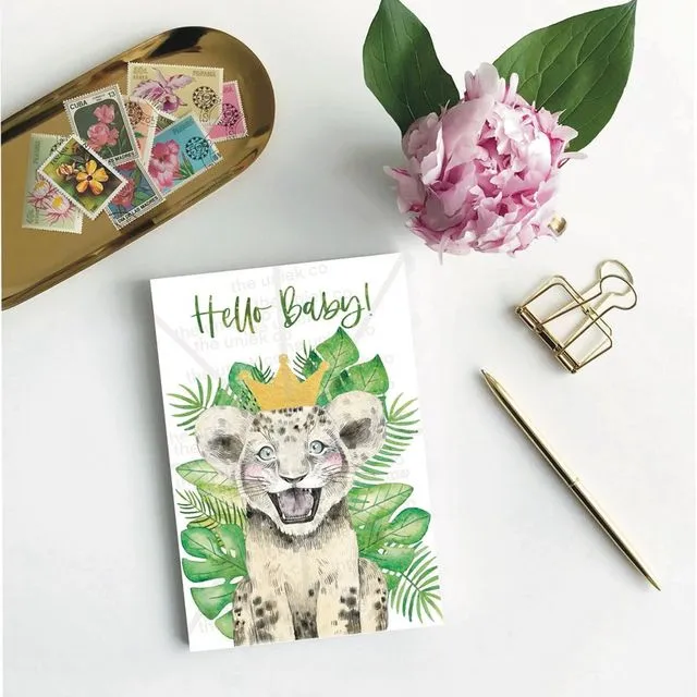 Hello Baby - super cute illustrated watercolour, handmade greeting card - blank inside, with envelope - lion baby - babyshower, newborn card