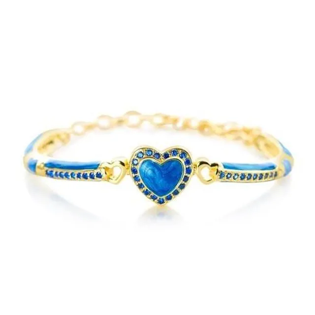 Heart Enamel With Surrounding CZ Heart Adjustable Bangle Blue