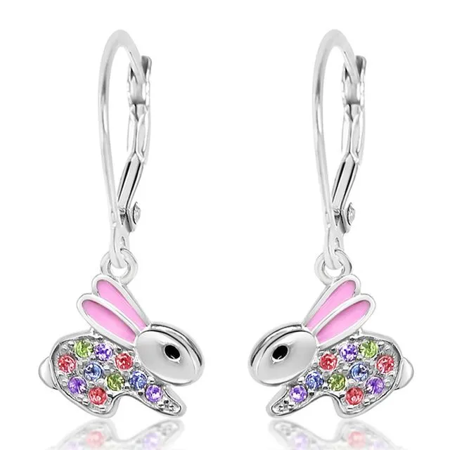 Crystal Pink Enamel Bunny Leverback Earrings
