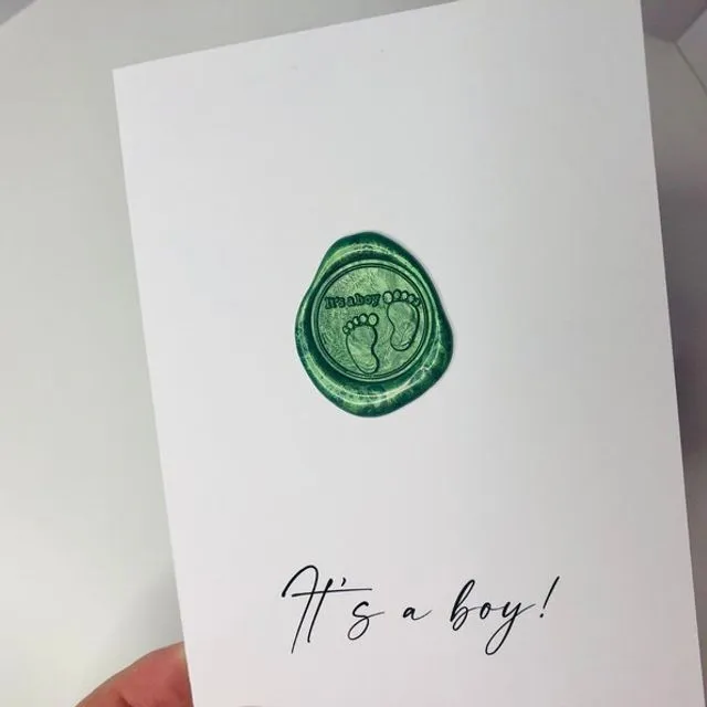 It's a boy - minimal modern greeting card with wax seal - baby congratulatory card with keepsake - real wax seal - baby shower card and gift Green 1
