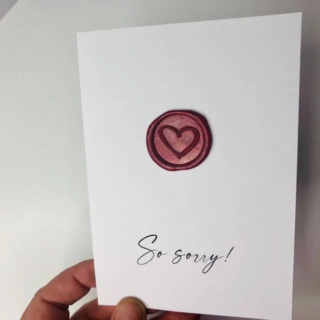 So sorry - minimal modern greeting card with wax seal - A6 sized card with keepsake - unique personalizable card for pet loss, sickness Red