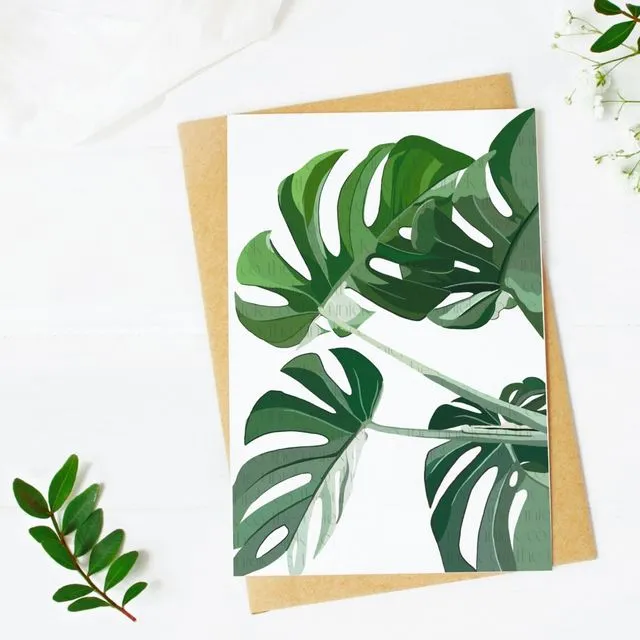 5 cards bundle of 5x7in blank cards with monstera leaves - set with 5 envelopes - recycled paper - plant greeting card for gift, gardening - Single Card