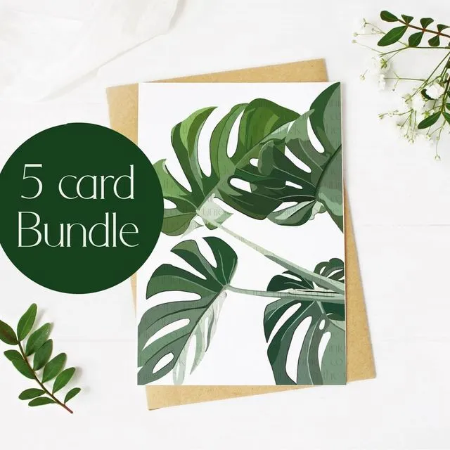 5 cards bundle of 5x7in blank cards with monstera leaves - set with 5 envelopes - recycled paper - plant greeting card for gift, gardening
