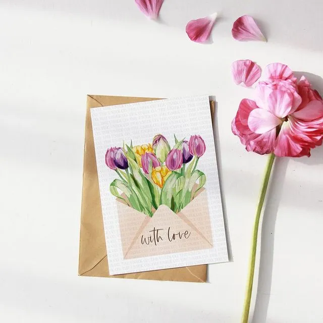Illustrated tulips in envelope - blank greeting card with envelope - card just because - with love lettering - 5x7 handmade card