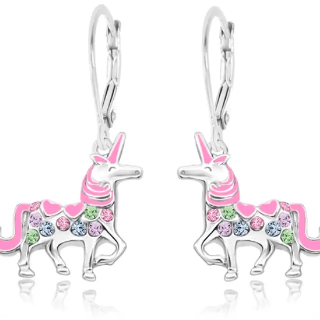 Pink Unicorn with Multi Crystals Leverback Earring