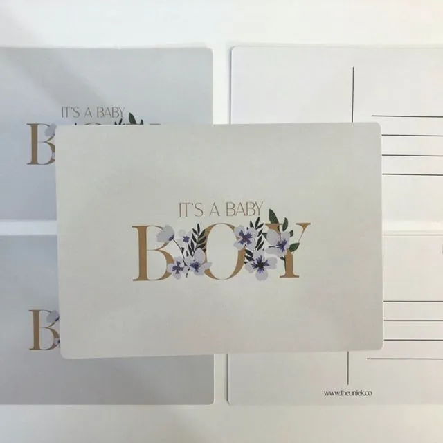 Baby Postcard - It's a baby boy - boho chic card with flowers - A6 horizontal card with round corners - baby announcement card
