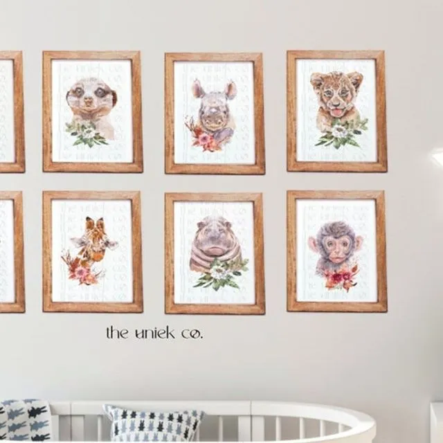 Baby Animal art print set of 8 -African baby posters for Nursery - watercolor, eco friendly art prints for gallery wall, nursery, kids room