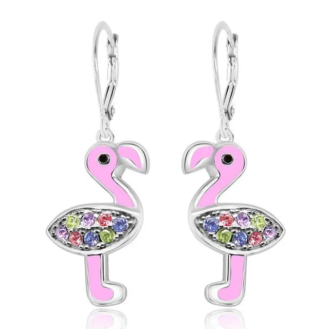 Crystal Pink Enamel Flamingo Leverback Earrings