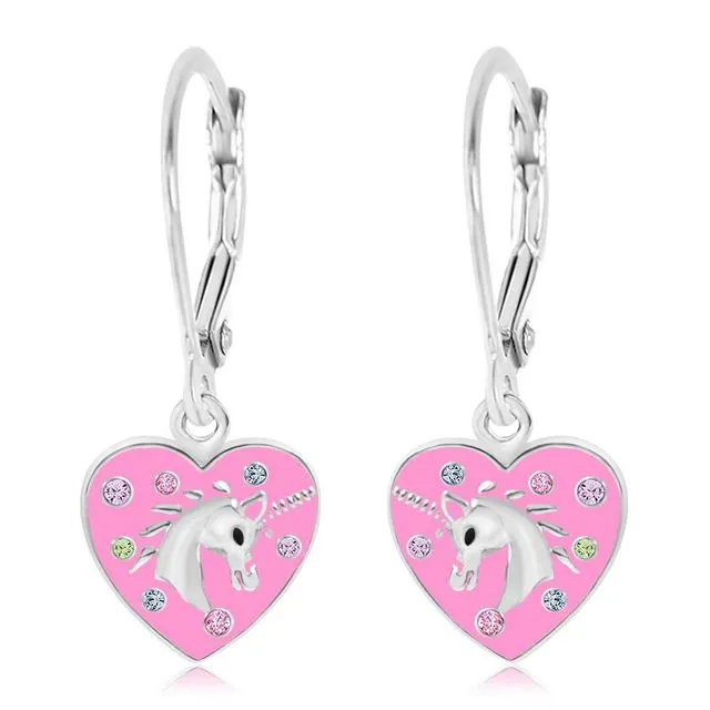 Crystal Pink Enamel Heart Unicorn Leverback Earrings