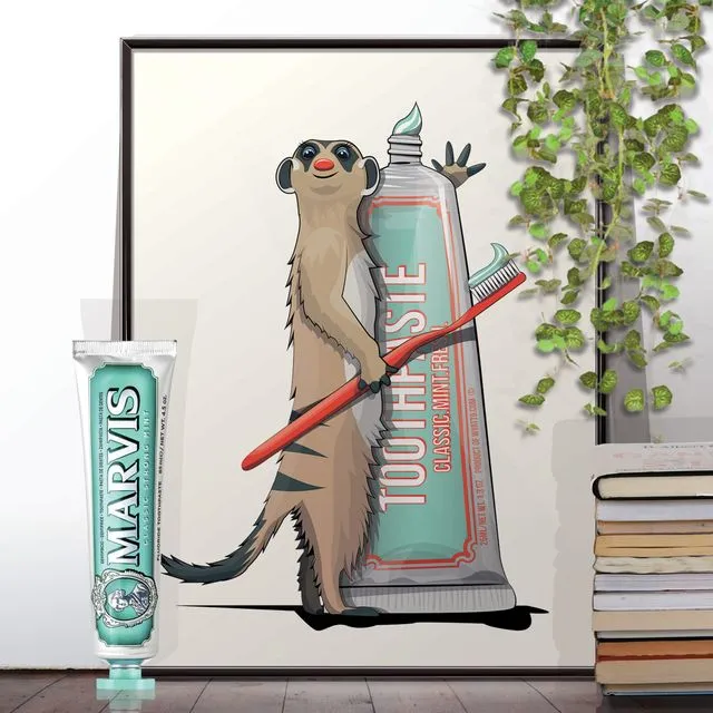 Meerkat Cleaning Teeth, Funny Poster of Bathroom Humour