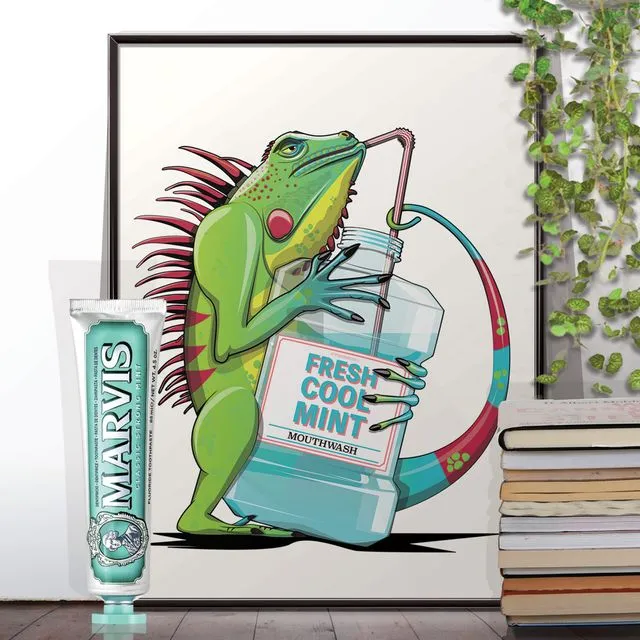 Iguana Freshening Breath, Funny Poster of Bathroom Humour