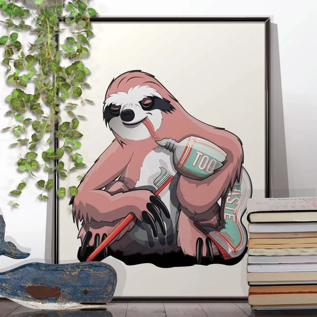 Sloth Cleaning Teeth, Funny Poster of Bathroom Humour