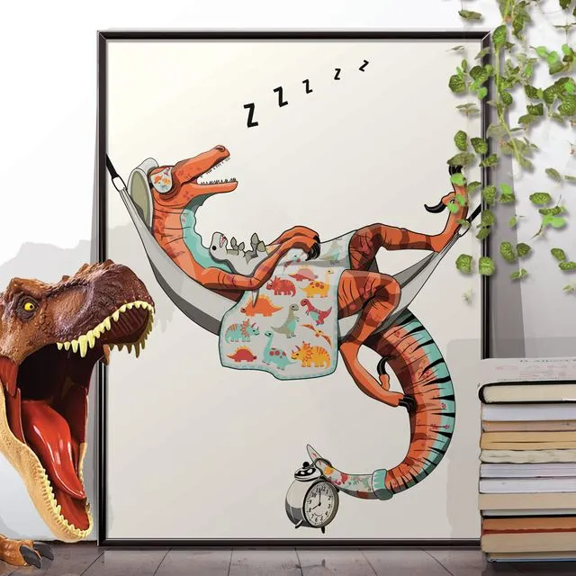 Dinosaur Velociraptor in Bed, funny bedroom print