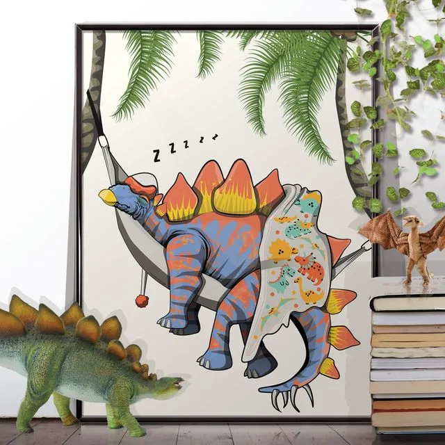 Dinosaur Stegosaurus in Bed, funny bedroom print