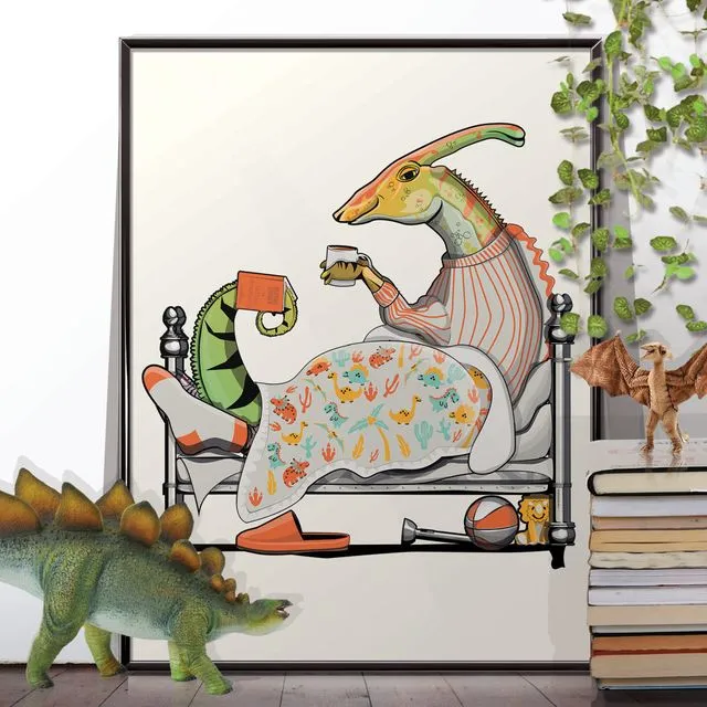 Dinosaur Parasaurolophus in Bed, funny bedroom print