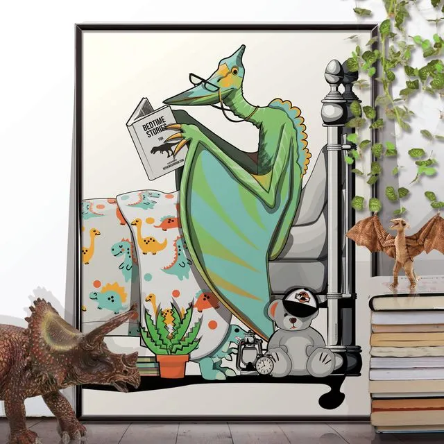 Dinosaur Pterodactyl in Bed, funny bedroom print