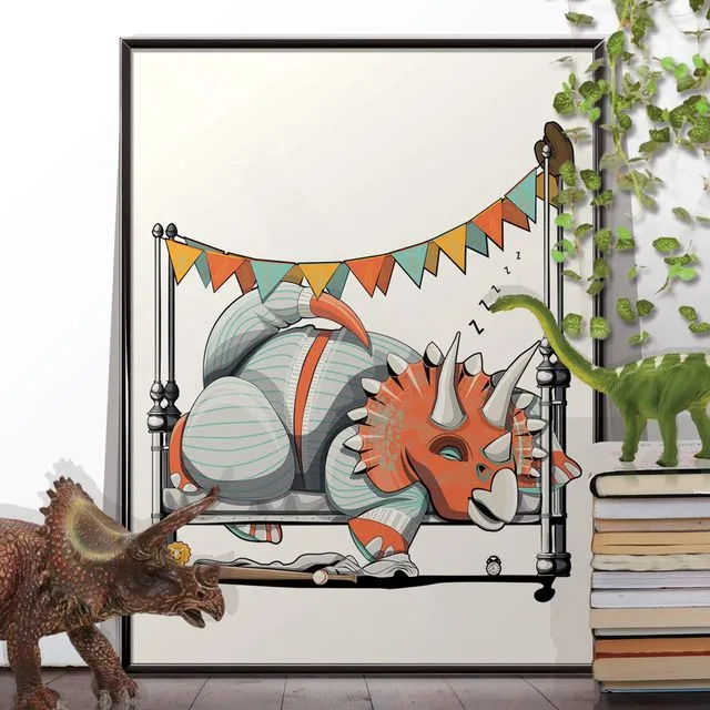Dinosaur Triceratops in Bed, funny bedroom print