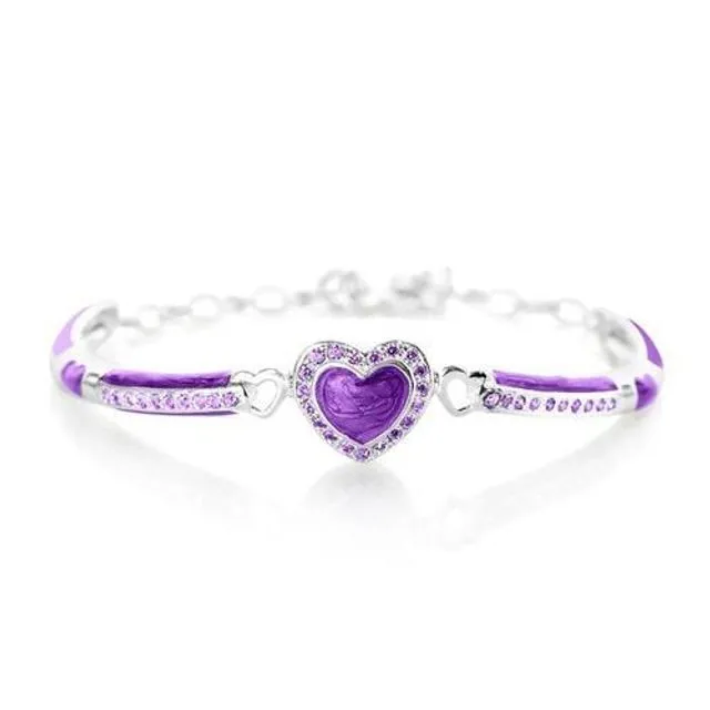 Heart Enamel With Surrounding CZ Heart Adjustable Bangle Purple
