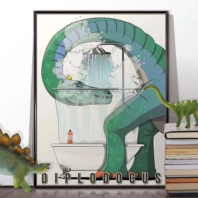 Dinosaur Diplodocus in the shower, funny bathroom print